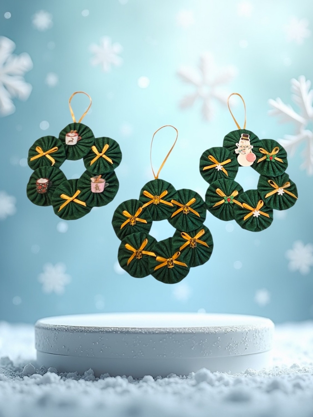 Hand Sewn Christmas Fabric Yo Yos, Set of 31,  2 Inches Wide,  4 Fabrics - Picture 13 of 15